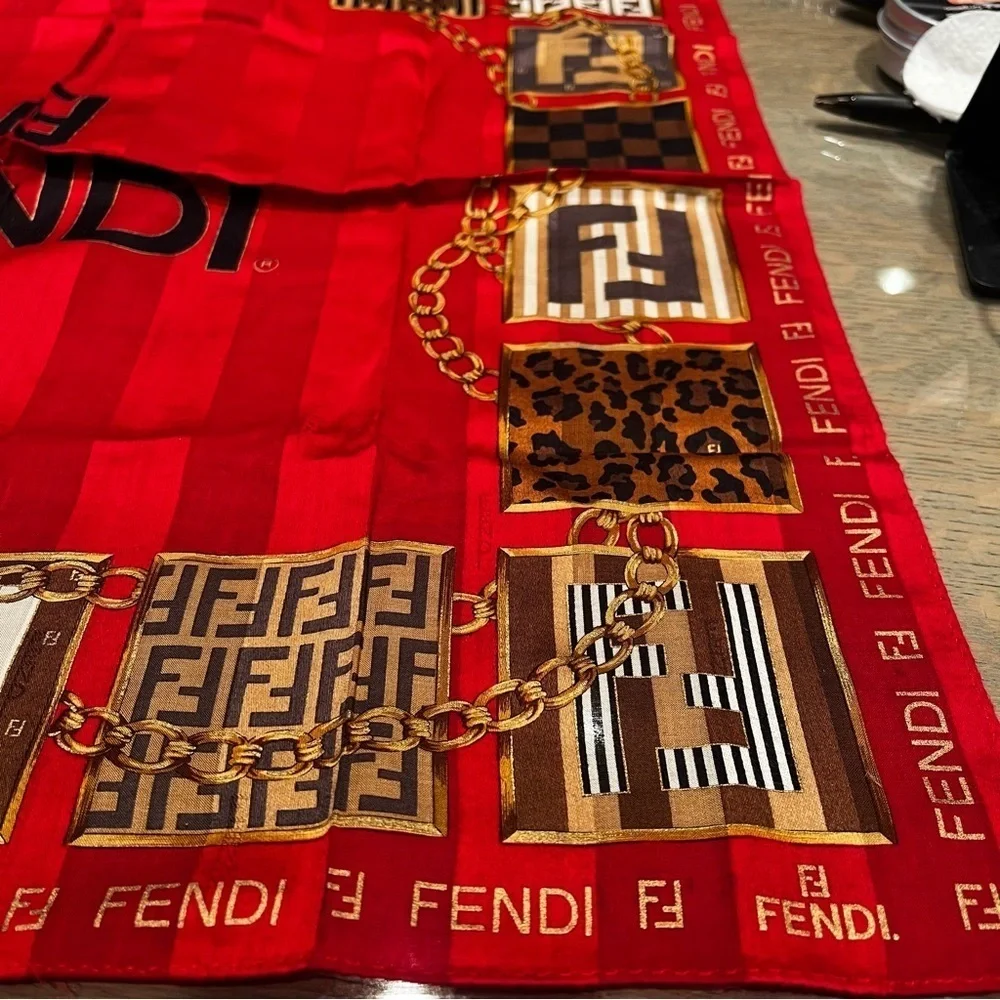 Vintage Fendi Red Silk Scarf – Chain & FF Logo Patch Print, 1980s-1990 EUC Italy